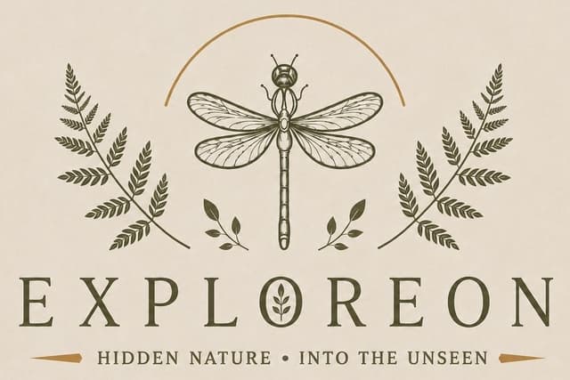 Logo Exploreon: libelle van bovenaf tussen varentakken. Van vleugel tot vleugel een halve cirkel. 
Daaronder EXPLOREON met subtekst hidden nature, into the unseen